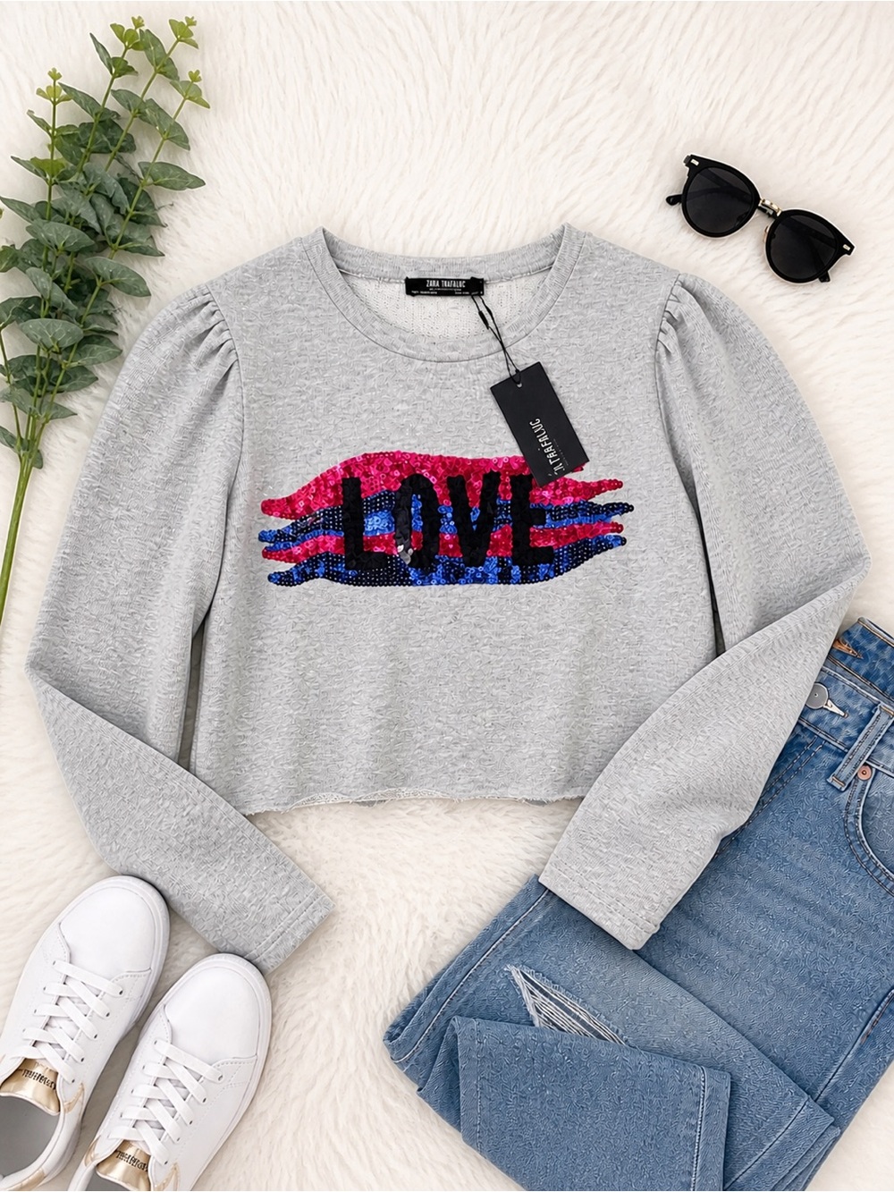 Zara Sequin LOVE Crop Sweater Puff Sleeve Gray Small NWT Trendy